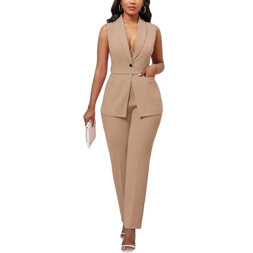 Kafiloe Pant Suits for Women Dressy Belted Sleeveless Vest Blazer Sets 2 Piece Business Casual Outfit Khaki M