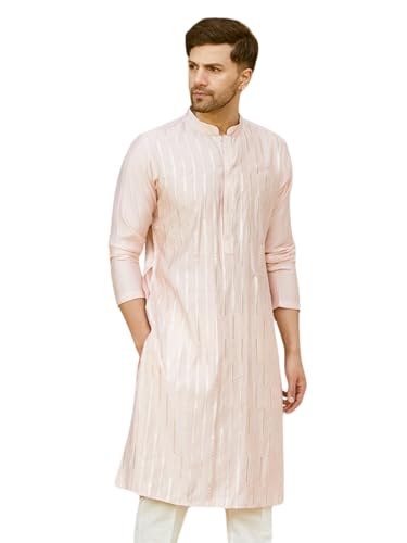 Image of See Designs Men Full Sleeve Chanderi Silk Sequins Mandarin Collar Side Slit Kurta