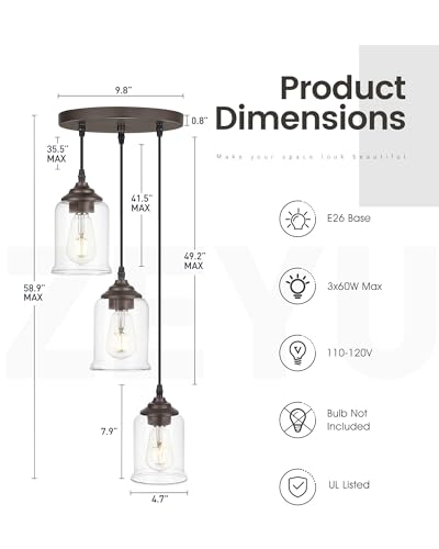 Image of zeyu 3-Light Cluster Pendant Light, Farmhouse Hanging Lights for Kitchen, Oil Rubbed Bronze Pendant Light Fixtures Adjustable with Clear Glass Shade, ZSL104-3 ORB