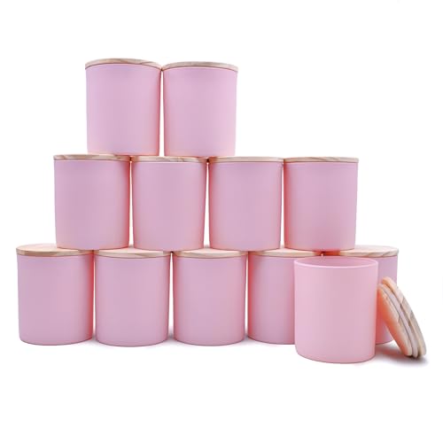 SHOWIN 14 OZ Thick Candle Jars for Making Candles 12 Pcs, 3 Wick Empty Jars with Wood Lids for Candle Making, Sample Container, Matte Pink