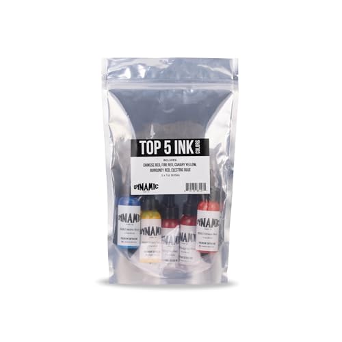 Dynamic Color Tattoo Ink – Top 5 Colors Bundle Pack – Chinese, Burgundy & Fire Red, Canary Yellow, Electric Blue – 1 oz Bottles – Made in USA – Sterilized, Since 1990