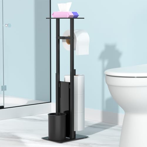 Toilet Roll Holder with Toilet Brush - Toilet Roll Holder Free Standing with Shelf for Wet Wipes, Toilet Roll and Brush Holder Free Standing, Matte Black Toilet Brush with Holder - Image 7