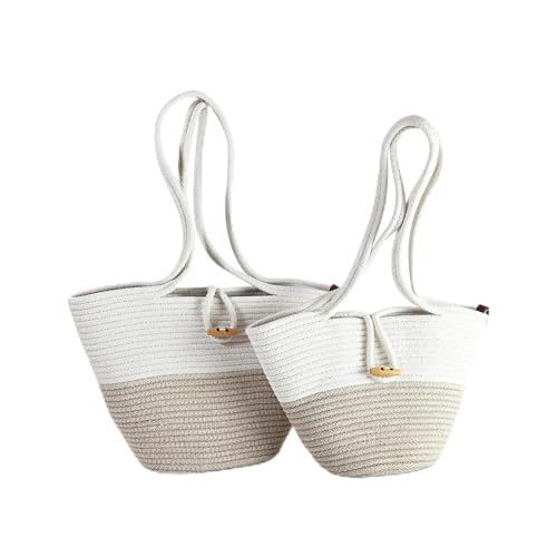 Shoulder and Hand Bag for Women, Handmade by Braided Cotton Cord, Set of 2, Bag Sizes 15”x9” and 13”x8”, Beige/Off-White