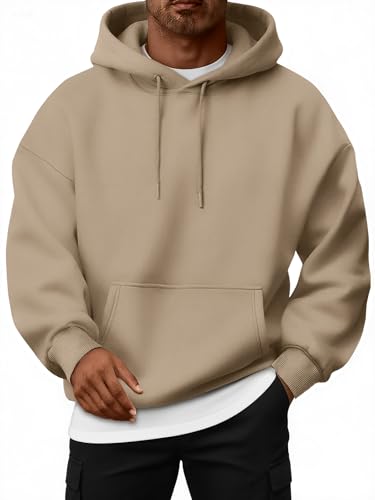 EFAN Mens Oversized Hoodies Fall Sweatshirt Winter Fleece Hooded Collar Drawstring Pullover With Pockets Khaki L
