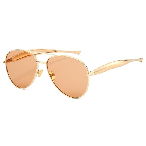 Long Keeper Gafas de Sol Piloto Mujer Hombre Retro Gafas de Sol Grandes Metalicas Oro con Doble Puente Años 70 Oversize Gafas de Piloto Vintage UV400 (Montura Oro - Lentes Naranja Caro)