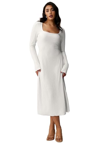 Image of Shasmi Women's Square Neck A-Line Dress - Long Sleeve, Tie Waist, Knitted Stretchable, Casual & Office Outfit, Solid Winter Midi Dress for Women (Dress 221)