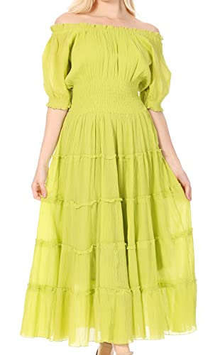 Image of Sakkas Cotton Crepe Smocked Peasant Gypsy Boho Renaissance Mid Length Dress