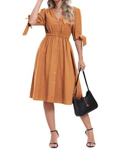 Image of Women Linen Rayon Blend Midi V Neck Button Front Elastic Waist Puff Sleeve Tie Casual Summer Dress