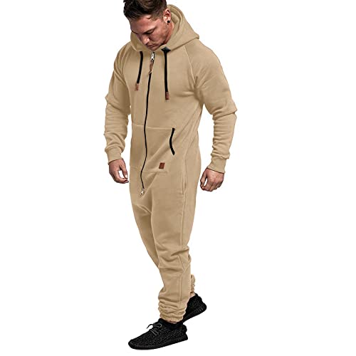 WUAI Onesie Men's Hooded Jumpsuit Zip Up One Piece Pajamas Playsuit Jogger Sweatsuit Overall Romper Khaki2
