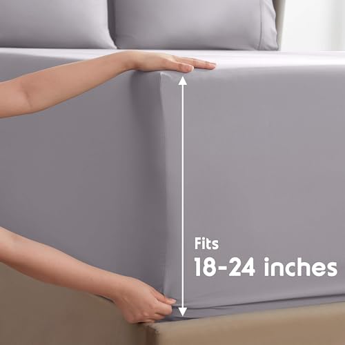 Image of Nestl Extra Deep Split King Sheet Set - 7 Piece Breathable & Cooling Sheets - Hotel Luxury Bedding Set w /18-24 Inch Deep Pockets - Easy & Secure Fit - Super Soft, Wrinkle Free & Comfy - Gray Lavender