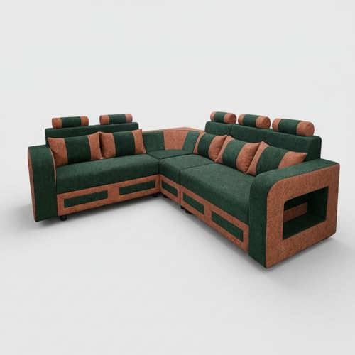 Image of APRODZ Solid Wood 6 Seater Sofa Set Velvet Fabric Sectional L Shaped Sofa for Home Office Guests Living Room Cushioned Seating for Home & Lounge Use (Green & Brown)