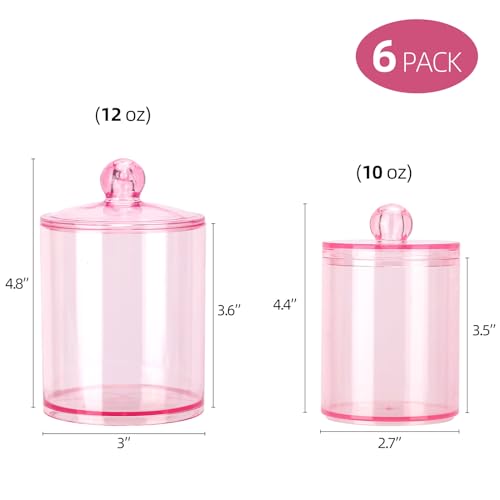 Image of Tbestmax 6 Pack Qtip Holder - 12 oz, 10 oz Bathroom Organizer and Storage Containers, Plastic Apothecary Jars with Lids for Cotton Ball, Cotton Swab, Floss, Pink
