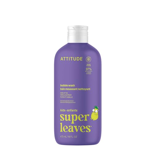 Image of Attitude Bubble Wash for Kids, EWG Verified Bubble Bath, Hair Shampoo and Body Soap, Dermatologically Tested, Plant- and Mineral-Based, Vegan, Vanilla & Pear, 16 Fl Oz