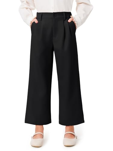 Image of Haloumoning Girls Uniform Pants Kids High Waisted Wide Leg Dress Pants Casual Trousers with Pockets 5-14 Years