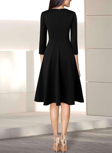 Image of VFSHOW Womens Work Business Front Zipper A-Line Dresses 3 /4 Sleeve Office Church Fit and Flare Skater Swing Knee Length Dress