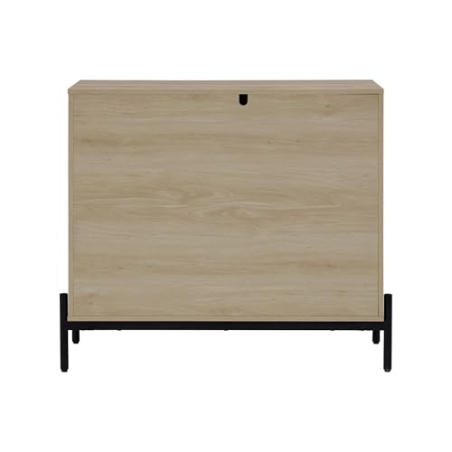 Image of Nathan James Andrew 3-Drawer Rattan Dresser or Boheminan Living Room Storage Cabinet with Natural Rattan Accent and Metal Legs, Light Oak /Black