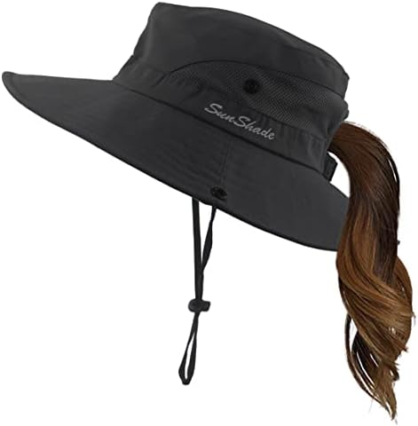Mukeyo Womens Summer Sun Hat Wide Brim Outdoor UV Protection Hat Foldable Ponytail Bucket Cap for Beach Fishing Hiking Black