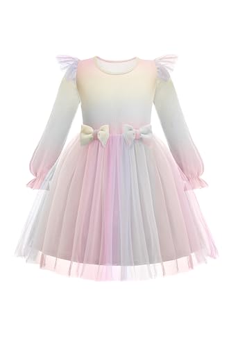 Image of Arshiner Toddler Girls Tulle Dresses with Bow Tie Fall Winter Long Sleeve Formal Party Dress 1-7 Y