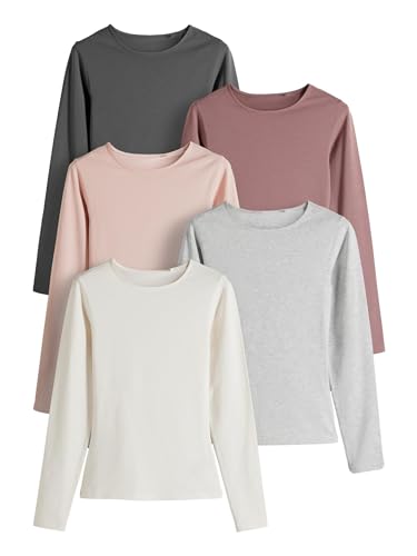 THE SET Damen t Langarmshirts mit Rundhalsausschnitt, 5er-Pack Light Grey/Light Pink/Slate Grey/Cream/Mauve Pink M