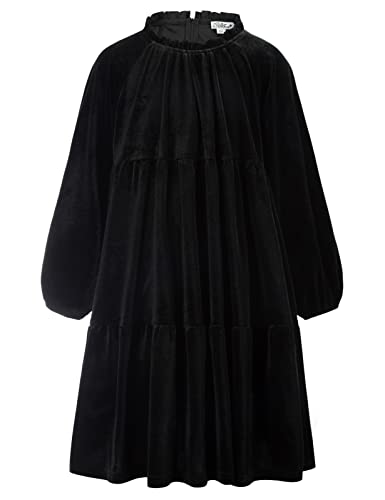 Danna Belle Girls Velvet Dress Long Sleeve Ruffle Neck Black Halloween Dresses 8-10 #TOP3