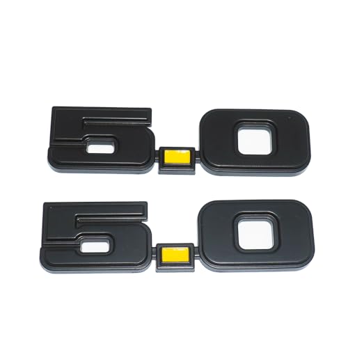 Image of 2Pc 1979-1993 5.0 Liter Engine Emblem Driver & Passenger Side Badge Nameplate Replacement for D9ZZ-16228-BC (Matte Black Yellow)