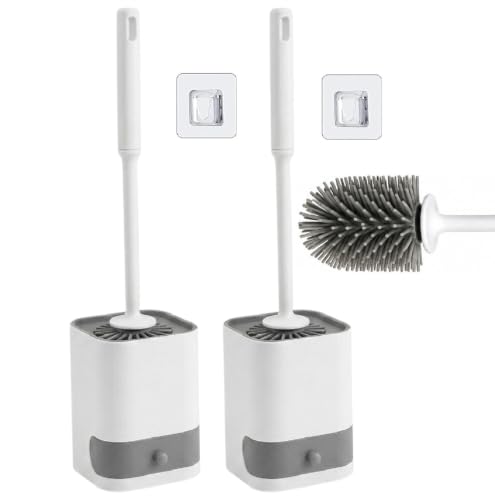 Image of Clyton Pack of 2 Silicone Toilet Brush with Holder Stand, Bathroom Toilets Bowl Cleaning Brush with Non-Slip Long Handle Floor Standing Holder & Wall Mounted Without Drilling Quick Drying Holder Set