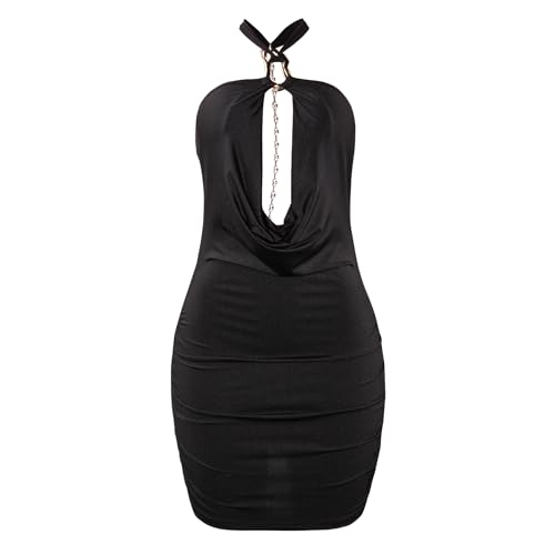 sedmoda Women Sexy Halter Backless Mini Dress Ruched Low Cut Bodycon Party Club Short Dresses4