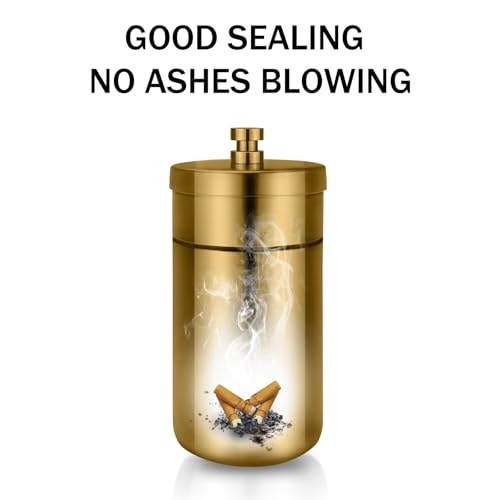 Image of Car Ashtray with Lid Smell Proof Stainless Steel Portable Ash Tray for Car Cup Holder Detachable Windproof Extinguished Cigarette Bucket Automotive Ashtrays for Outdoor Home Office (Gold)