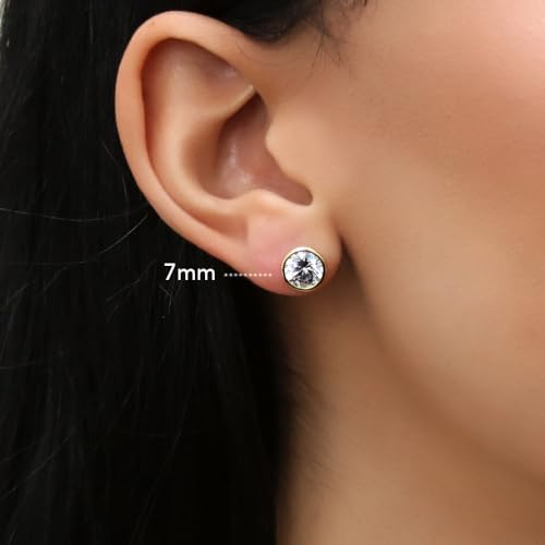 BERRICLE Sterling Silver Solitaire Bezel Set Round Cut Cubic Zirconia Stud Earrings, Unisex for Women/Men, Yellow Gold/Rhodium Plated, Small/Large CZ 4-9mm3