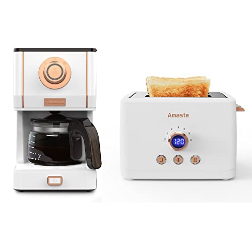 Image of Amaste Retro Coffee Maker & Toaster Set- Elegant White with Rose Gold