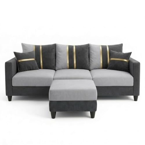 Image of Jester 4 Seater L Shape Sofa Set with Movable Ottoman | Flexible Left or Right Layout | Luxury Velvet Suede Fabric | Modern Living Room Sofa | Dark Grey-Light Grey