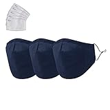 DALIX 3 Layer Cloth Face Mask with Filter Adjustable Nose 3 Pack Navy Blue SM