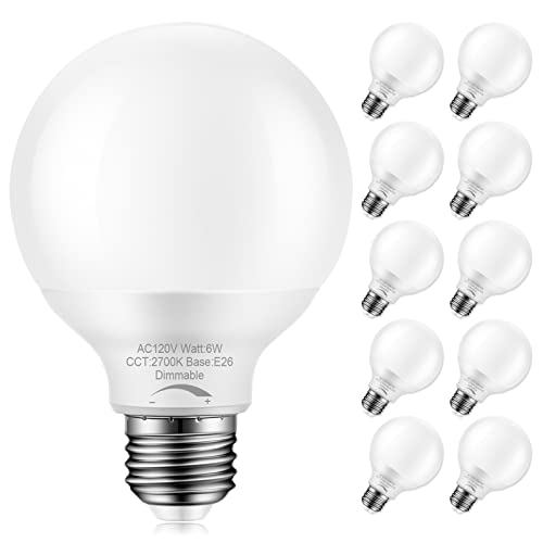 Marxlait 10-Pack Dimmable G25 Globe Light Bulbs LED, 6W=40W Replacement, Warm White 2700K, E26 Medium Base, Ideal for Bathroom Vanity, Makeup Mirror or Sputnik Light, 120V, Round Light Bulbs