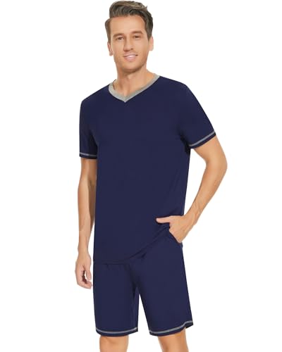 NACHILA Pajamas for Men Pj Short Sleeve Sleepwear with Shorts V Neck Loungewear Cool Pajama,Viscose Made from Bamboo Navy Blue/Heather Grey XXL