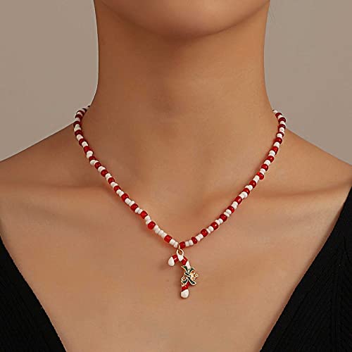 Wendalern Collier De Noël En Perles Rouges Collier De Canne De Bonbon En Émail Bijoux Pour Femmes Et Filles Cadeaux De Vacances