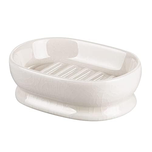 mDesign Decorative Ceramic Bar Soap Dish Tray for Bathroom Vanities, Countertops, Pedestals, Kitchen Sink - Store Hand Soap, Pumice Bars, Sponges, Scrubbers - Vintage-Inspired Crack Design - Cream