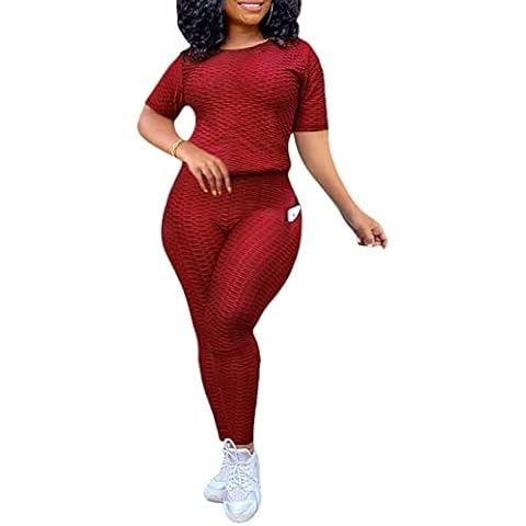 Women's Workout Set 2 Piece Short Sleeve T Shirts Tummy Control Butt Lifting Yoga Pants Leggings Outfits, Wine, Small Cover