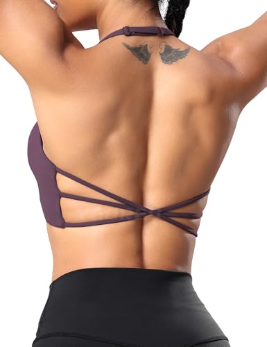 Image of YEOREO Women's Sports Bra Halter Workout Sports Bra Strappy Criss Cross Back Bra Removable Padded Yoga Crop Top