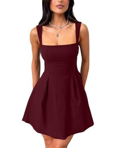 YMDUCH Women's Sexy Sleeveless Square Neck Adjustable Straps Bow Tie A-line Mini Party Club Dress WineRed Small