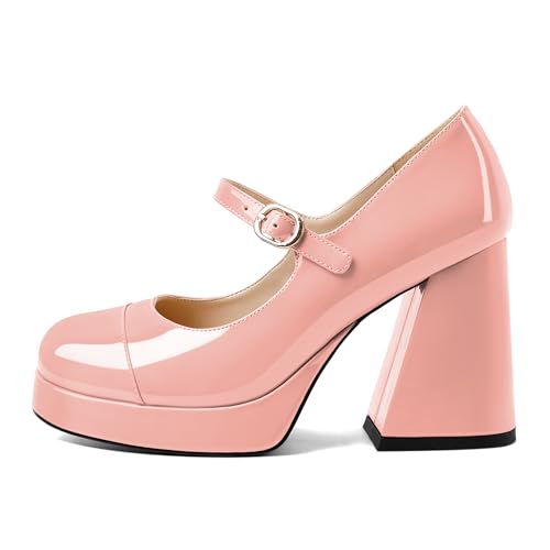Soireelady Womens Chunky Platform Heels, Mary Jane Shoes Block Heel Pumps, High Heel Square Closed Toe Heels Ankle Strap Dress Shoes Comfort Fashion 4 Inches2