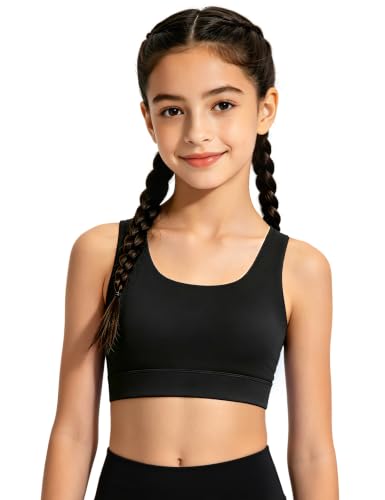 JOCMIC Girls Sports Bras Soft Training Bra with Removable Padding Yoga Crop Tops for Teens Black 11-12 Years