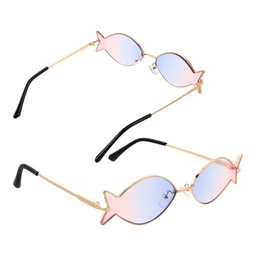 DIKACA Juego de 2 Gafas de Sol para Adultos Montura Dorada, Lentes Poliédricas en Colores Rosa, Amarillo, Verde y Azul, Diseño Original de Pez para Playa, Fiesta y Piscina