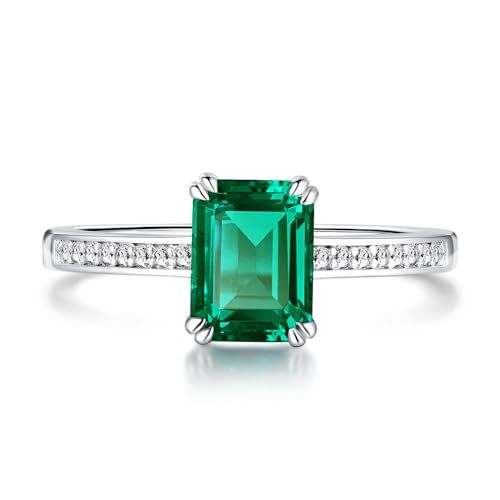 MSBLUE 2ct Lab Grown Emerald Ring, Sterling Silver with 14K White Gold Vermeil, Rhodium Finished, Petite Micropavé with Moissanite, Gift for Women