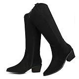 SHIBEVER Cowgirl Boots Knee High: Womens Western Cowboy Boots Wide Calf Black Low Heeled Put on Suede Tall Booties Size 8