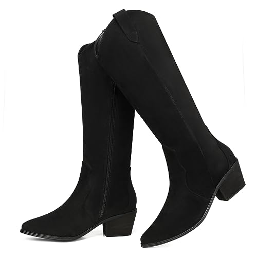 Image of SHIBEVER Cowgirl Boots Knee High: Womens Western Cowboy Boots Wide Calf Black Low Heeled Put on Suede Tall Booties Size 10.5