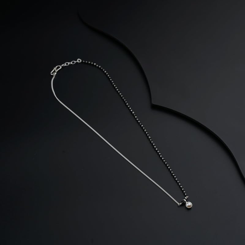 Image of 92.5 Silver Mangalsutra for Women | Handmade Half & Half Pearl Drop Silver Mangalsutra Made in with Black Beads | Silver Gift for Women