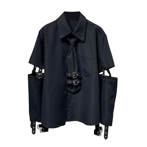 Vekewsap Y2K Camisa punk negra para hombre, ropa gótica, patchwork de gran tamaño, camisas Y2K, ropa de calle con corbata, harajuku hippie, camisa de manga larga, para adolescentes, niños, camisa