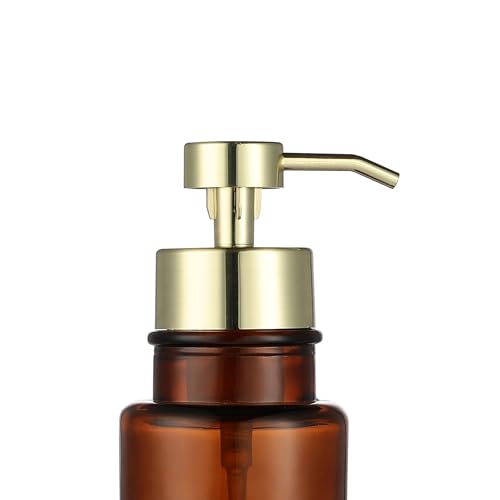 Image of H Halston Amber Glass Foaming Soap Pump Dispenser, Foaming Soap or Liquid handoap compatable, Durable, Refillable, Bathroom and Kitchen Countertop, Bathroom, Home Decor, Amber Glass with Gold Pump top