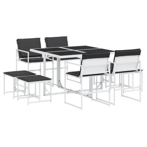 Mhdvray Ensemble de Salle à Manger de Jardin 9 Pièces Table en Verre Trempé 4 Chaises 4 Tabourets Mobilier de Terrasse Salon de Jardin Compact Design Cube Textilène Blanc