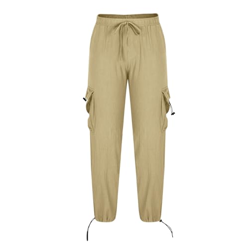 Men's Cotton Linen Cargo Pants Drawstring Elastic Waist Lightweight Athletic Track Pants Multi-Pocket Lounge Pants2